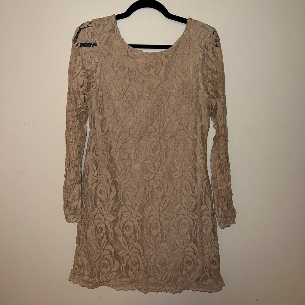 Tan Lace Long Sleeve Mini Dress